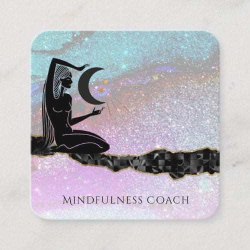  Rainbow Glitter Moon QR code GODDESS Meditate Square Business Card