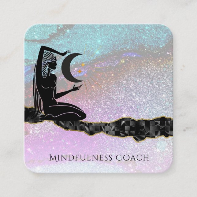*~* Rainbow Glitter Moon QR code GODDESS Meditate Square Business Card (Front)