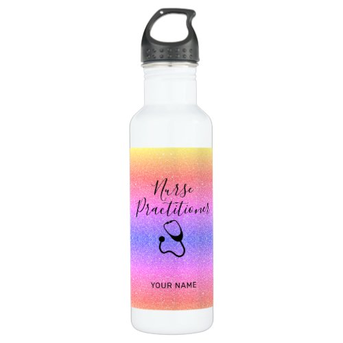 Rainbow Glitter Nurse Practitioner Personalized Stainless Steel Water Bottle