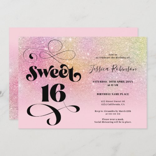 Rainbow glitter ombre chic girly pink Sweet 16 Invitation