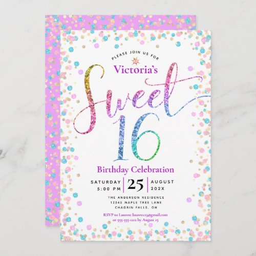 Rainbow Glitter Ombre Confetti Sweet 16 Birthday Invitation
