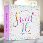Rainbow Glitter Ombre Confetti Sweet 16 Keepsake 3 Ring Binder<br><div class="desc">“Happy Sweet 16”. Let your favorite Sweet 16 birthday girl celebrate her milestone with this stunning keepsake scrapbook memory album. Rainbow glitter script typography, along with festive turquoise, purple pink and gold confetti, overlays a white background. Personalize the custom text with the birthday girl’s name and birthday date. Great for...</div>