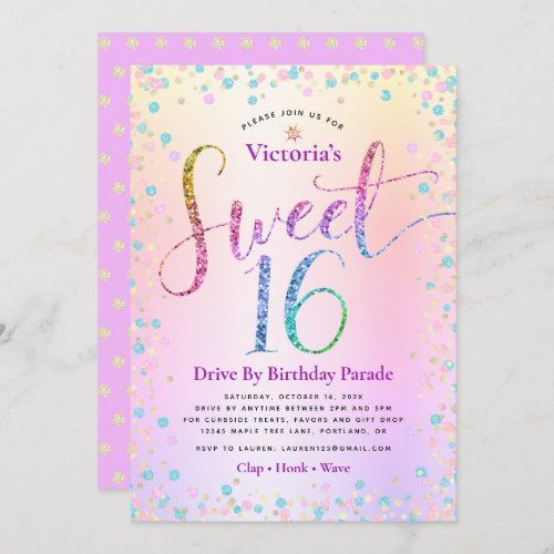 Rainbow Glitter Ombre Drive By Sweet 16 Birthday Invitation