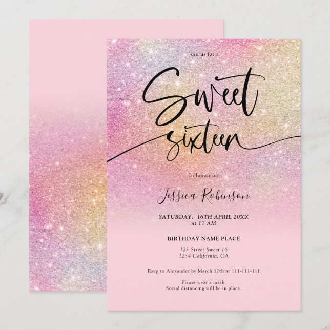 Rainbow glitter ombre girly pink Sweet 16 Invitation (Front/Back)
