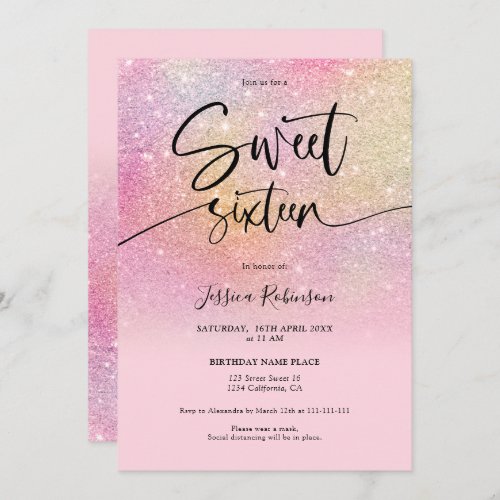 Rainbow glitter ombre girly pink Sweet 16 Invitation