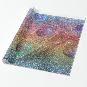 Rainbow glitter peacock feathers wrapping paper