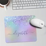 Rainbow Glitter Personalized Mouse Pad<br><div class="desc">Cute girly mouse pad featuring unicorn-colored rainbow faux dripping glitter against a background of purple,  pink,  blue,  green and yellow. Personalize with your name in a stylish trendy purple script.</div>