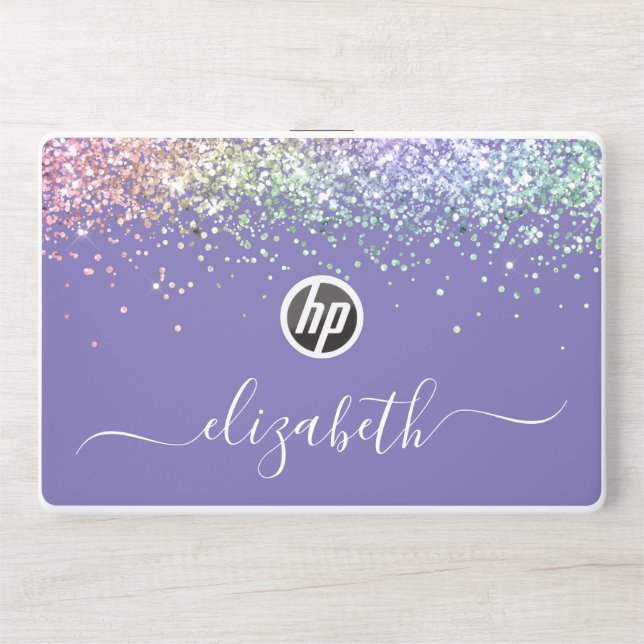 Rainbow Glitter Personalized Purple HP Laptop Skin (Front)