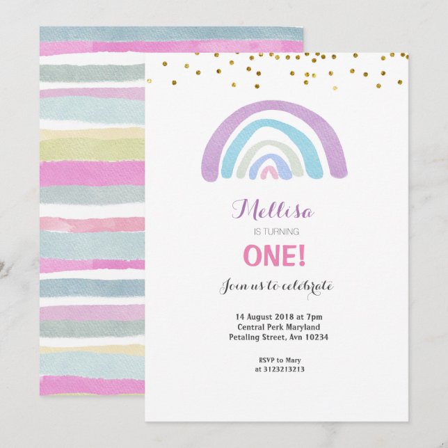 Rainbow Glitter Pink 1st Birthday Invitation Girl (Front/Back)