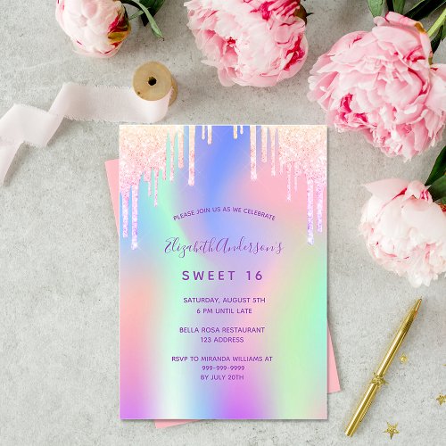 Rainbow glitter pink rose gold Sweet 16 birthday Invitation