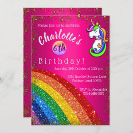 Rainbow Glitter Pink Unicorn Birthday Party Invitation