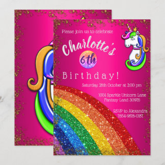 Rainbow Glitter Pink Unicorn Birthday Party Invitation
