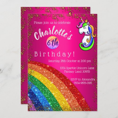 Rainbow Glitter Pink Unicorn Birthday Party Invitation