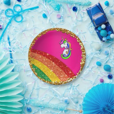 Rainbow Glitter Pink Unicorn Party Paper Plates