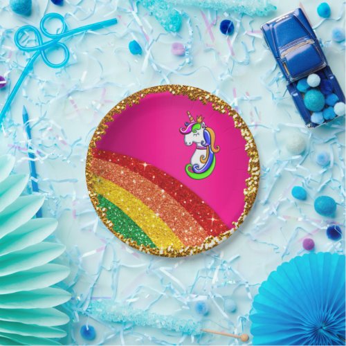 Rainbow Glitter Pink Unicorn Party Paper Plates