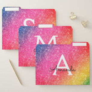 Rainbow Glitter Pink Yellow Monogram File Folder