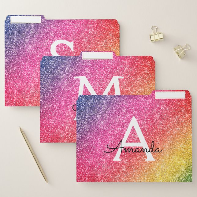 Rainbow Glitter Pink Yellow Monogram File Folder (Set)