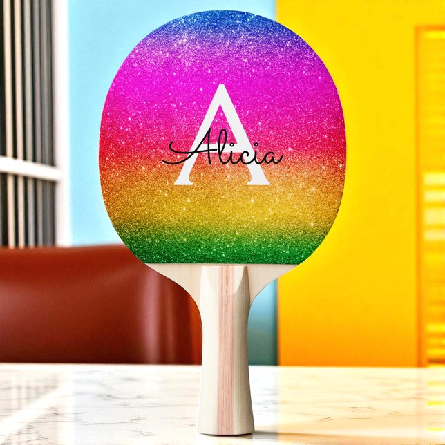 Rainbow Glitter Pink Yellow Purple Initial Ping Pong Paddle (Creator Uploaded)
