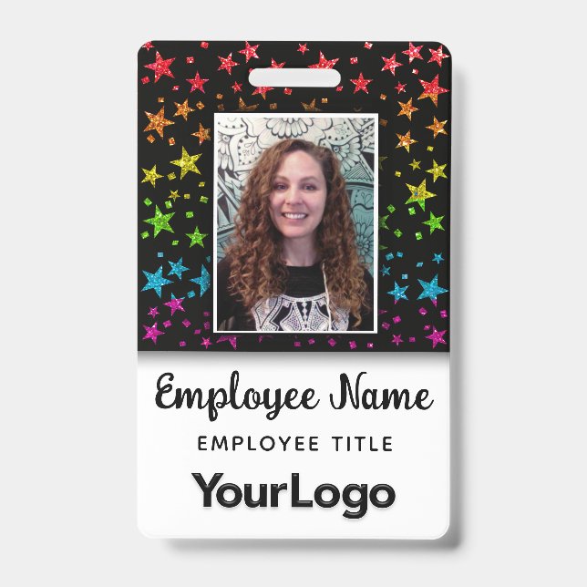 Rainbow Glitter Professional Photo Employee Name Badge (Front)