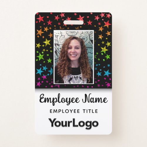 Rainbow Glitter Professional Photo Employee Name Badge