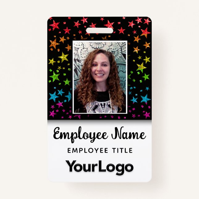 Rainbow Glitter Professional Photo Employee Name Badge (Front)