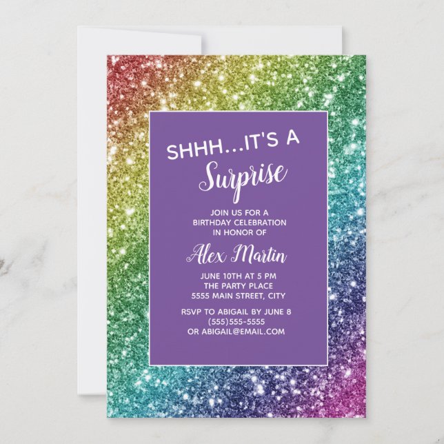Rainbow Glitter Purple Surprise Birthday Party  Invitation (Front)