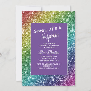 Rainbow Glitter Purple Surprise Birthday Party Invitation