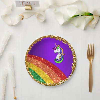Rainbow Glitter Purple Unicorn Party Paper Plates