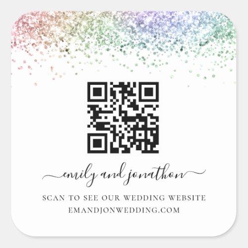 Rainbow Glitter QR Code Wedding Website  Square Sticker