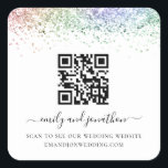 Rainbow Glitter QR Code Wedding Website  Square Sticker<br><div class="desc">Rainbow Glitter QR Code Wedding Website. A faux glitter border and elegant script with swashes for your names.  The text can be easily personalised.</div>