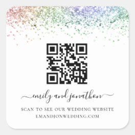 Rainbow Glitter QR Code Wedding Website Square Sticker