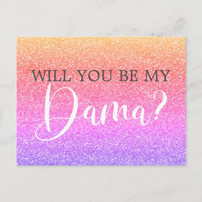 Rainbow Glitter Quinceanera Dama Proposal Invitation Postcard (Front)