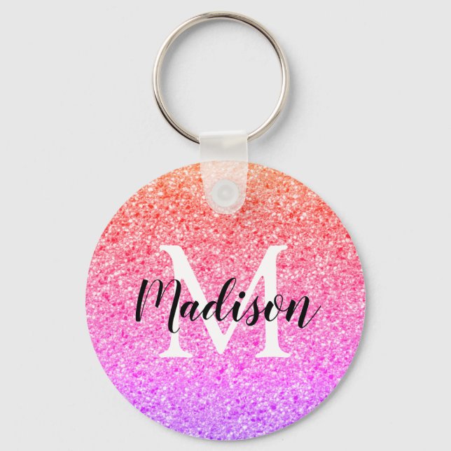 Rainbow Glitter Script Monogram Personalized Keychain (Front)