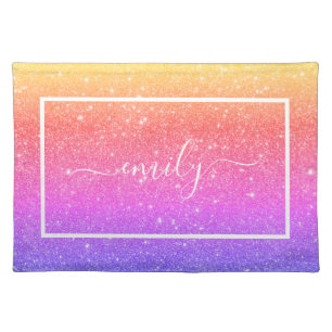 Rainbow glitter Script Name Cloth Placemat