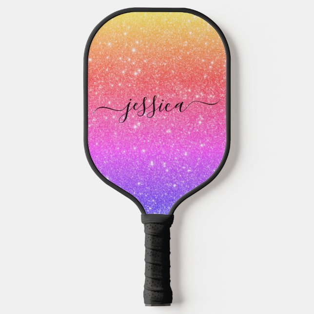 Rainbow glitter script name pickleball paddle (Front)