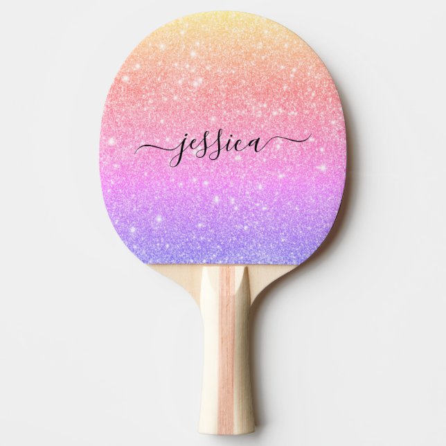 Rainbow glitter script name   ping pong paddle (Front)