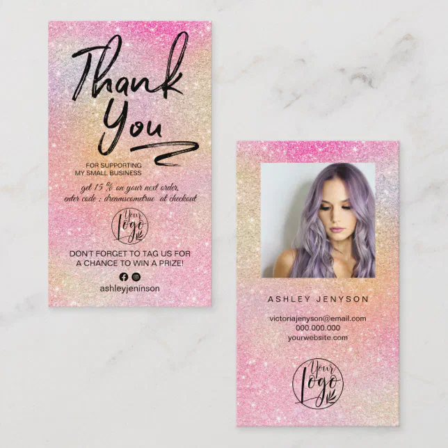 Rainbow glitter script photo logo order thank you business card | Zazzle
