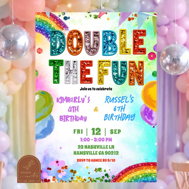 Rainbow Glitter Sequin Sibling Birthday Invitation (Creator Uploaded)