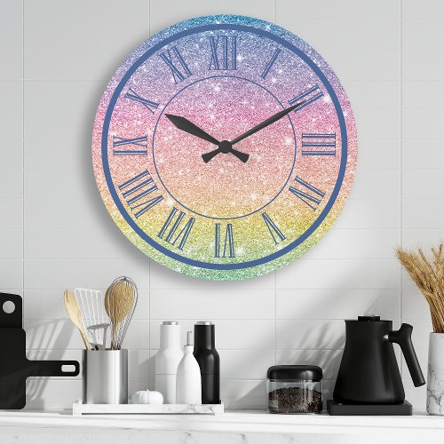 Rainbow Glitter Sparkle Girly Large Clock