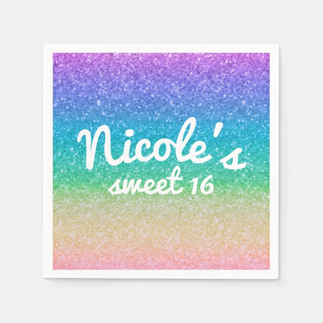 Rainbow Glitter Sparkle Glam Birthday Party Custom Paper Napkins (Front)