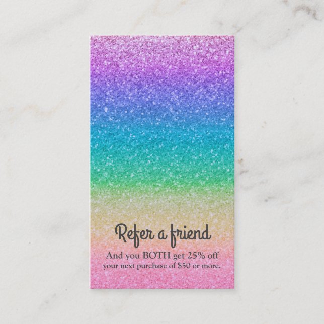 Rainbow Glitter Sparkle Glam Chic Refer a Friend Referral Card (Front)