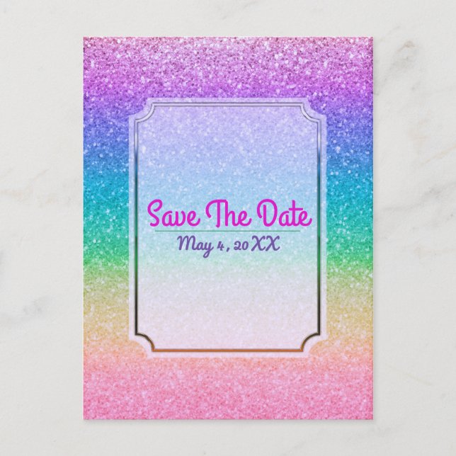 Rainbow Glitter Sparkle Glam Party Event Save Date Announcement Postcard (Front)