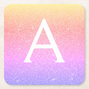 Rainbow Glitter & Sparkle Monogram Birthday Square Paper Coaster