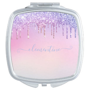 Rainbow glitter sparkle script modern girly script compact mirror