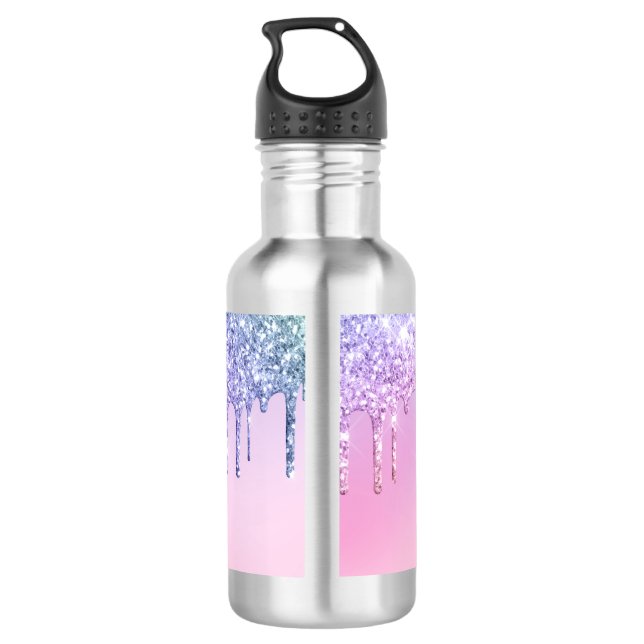 Rainbow glitter sparkle script modern girly script stainless steel water bottle (Back)