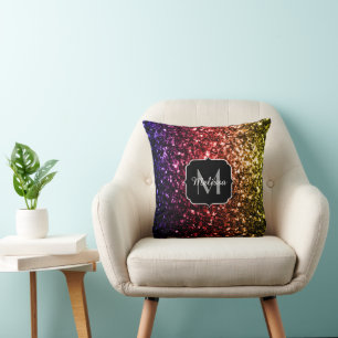 Rainbow glitter sparkles Monogram PLdesign Throw Pillow