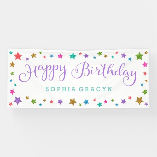 rainbow glitter stars purple happy birthday banner zazzle com