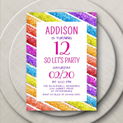 Rainbow Glitter Stripes Birthday Invitation
