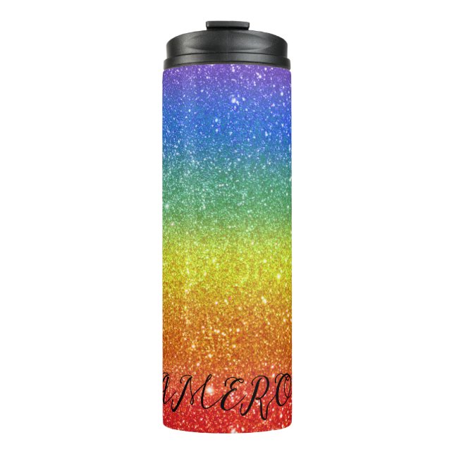 Rainbow Glitter Stripes with Custom Name Thermal Tumbler (Front)