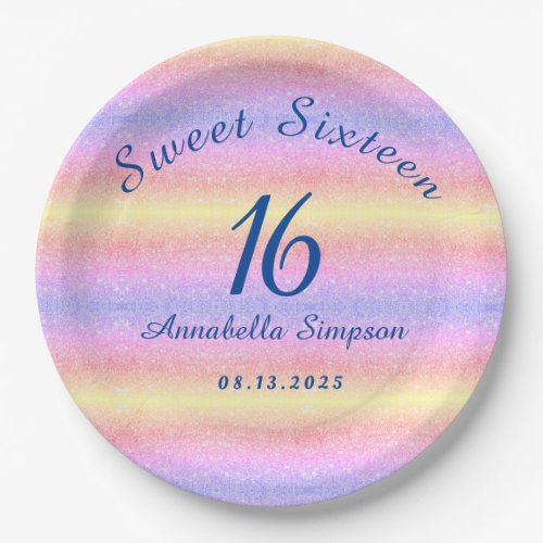 Rainbow Glitter Sweet Sixteen 16 Birthday Paper Plates